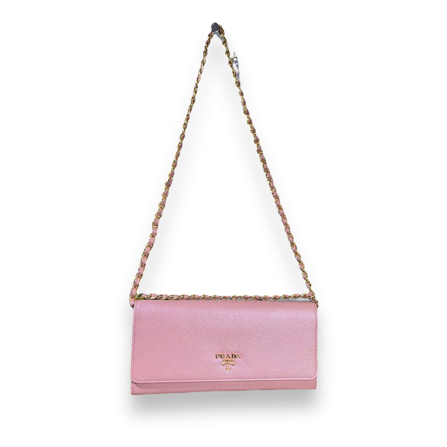 Prada Pink Saffiano Leather Logo Flap Wallet on Chain Prada